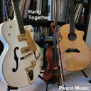 Album cover: Two guitars and a violin leaning against each other in front of a book case. Pasco Music near the top and the title Hang Together near the guitars and violin.